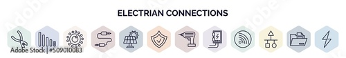 set of electrian connections web icons in outline style. thin line icons such as pliers, low, dimmer, audio jack, solar panel, , driller, fuse box, scheme icon.