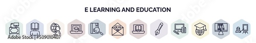 set of e learning and education web icons in outline style. thin line icons such as workspace, self-learning, geography, online course, lesson, grades, online education, fountain pen, learning,