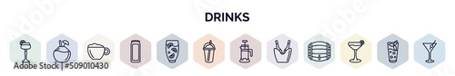 set of drinks web icons in outline style. thin line icons such as sidecar drink, coconut drink, cappuccino, energy drink, lemon juice, coffee bean, french press, ice bucket and bottle, cosmopolitan,