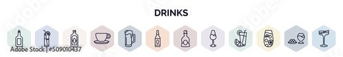 set of drinks web icons in outline style. thin line icons such as rum, blue lagoon, herbal liquor, espresso, beer mug, alcohol, liquor, wine toast, tom collins icon.