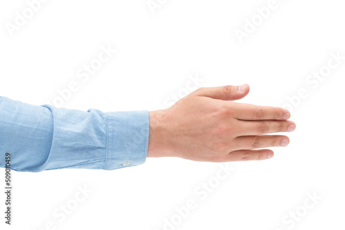 Male hand isolated on white background. The man holds out his hand for a handshake