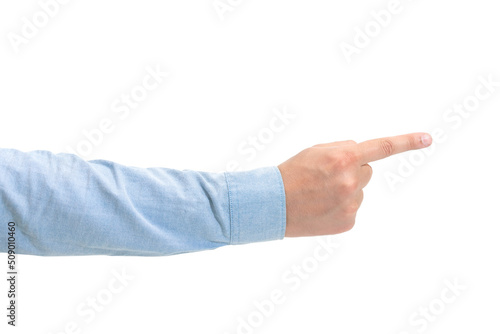 Male hand pointing with finger isolated on white background