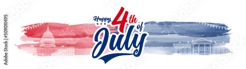Modern 4th of July typography design on red and blue grunge brushstroke with the white house and the United States Capitol mark.