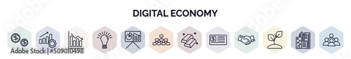 set of digital economy web icons in outline style. thin line icons such as money, productivity, bar chart, light bulb, presentation, hierarchical structure, gold ingot, checkbook, sprout