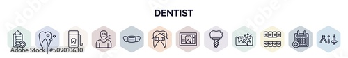 set of dentist web icons in outline style. thin line icons such as medical list, clean tooth, dental floss, sick boy, dentist mask, dental house, dental x ray, implant, lingual braces icon.