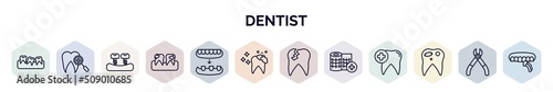 set of dentist web icons in outline style. thin line icons such as malocclusion, dental checkup, fake tooth, dental plaque, overdenture, tooth cleaning, damaged tooth, gauze, decay icon.