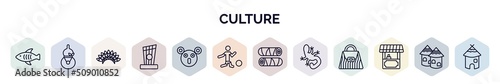 set of culture web icons in outline style. thin line icons such as marine fish, kalabas, indian headdress, kankles, australian koala, brazil soccer player, egg roll, gecko top view shape, food