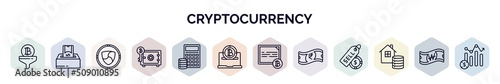 set of cryptocurrency web icons in outline style. thin line icons such as function, donate, nem, proof of stake, budget accounting, e-business, bonds, rupee, as icon.