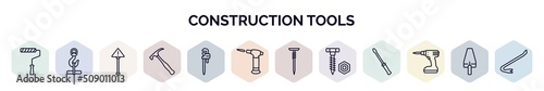set of construction tools web icons in outline style. thin line icons such as painter roller, hook with cargo, warning, brick hammer, stillson wrench, blowtorch, nail, nuts and bolts, cordless