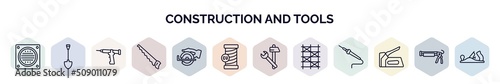 set of construction and tools web icons in outline style. thin line icons such as drain, spade, sealant gun, handsaw, chop saw, copper, improvement, scaffolding, staple gun icon.