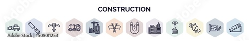 set of construction web icons in outline style. thin line icons such as trolley truck, chisel, inclined picker, tank truck, constructions, , inclined magnet, angle grinder