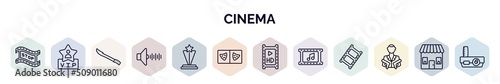 set of cinema web icons in outline style. thin line icons such as freeze frame, vip person, hete, sound effect, film award, prompt box, hd movie, soundtrack, hitman icon.