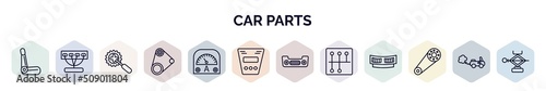 set of car parts web icons in outline style. thin line icons such as car bucket seat, car manifold, crank, fan belt, ammeter, fascia (british), bumper, gearbox, camshaft icon.