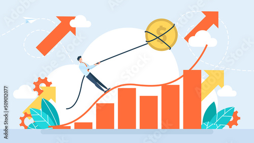 Businessman restrains rising prices. Man pulling a lasso coin. The concept of stopping the growth of fire products. Depreciation of money. Problems of the economy. Flat style. Vector illustration