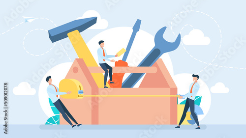 Tiny characters use the tool. Workman's toolkit. Toolbox with instruments inside. Tool chest with hand tools. Set building tools repair. Hammer, screwdriver, tape measure. Vector business illustration