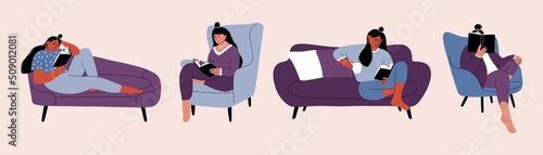 Women reading books. Girls on sofa chair with book, journal, cartoon hand drawn characters, literature fans. Vector set