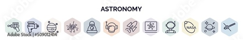 set of astronomy web icons in outline style. thin line icons such as space gun, laser gun, venus with satellite, supernova, space capsule, astranaut helmet, liftoff, simulator,  icon.