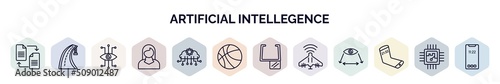 set of artificial intellegence web icons in outline style. thin line icons such as file transfer, motorway, bionic eye, personal assistant, cloud intelligence, ball, ar monocle, unmanned aerial