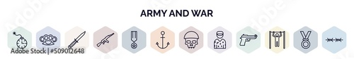 set of army and war web icons in outline style. thin line icons such as time bomb with clock, knuckle, combat knife, , veteran, naval, skull army, conscription, pull up icon.