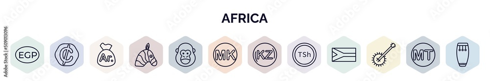 set of africa web icons in outline style. thin line icons such as egyptian pound, cedi, malagasy ariary, zebra, gorilla, malawian kwacha, angolan kwanza, tanzanian shilling, banjo icon. - obrazy, fototapety, plakaty 