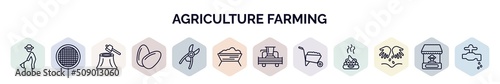 set of agriculture farming web icons in outline style. thin line icons such as farmer hoeing, riddle tool, wood chop, egg, shears, trough, combine harvester, barrow, plant seeds icon.
