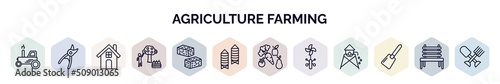 set of agriculture farming web icons in outline style. thin line icons such as harvester, pruners, farm house, self-sufficient, bale of hay, silo, vegetables, vane, digging bar icon.