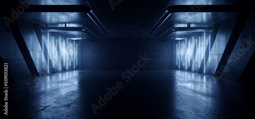 Grunge Sci Fi Blue Electric Cyber Neon Lasers Glowing Hangar Basement Parking Futuristic Industrial Empty Showcase Tunnel Corridor Concrete Asphalt 3D Rendering