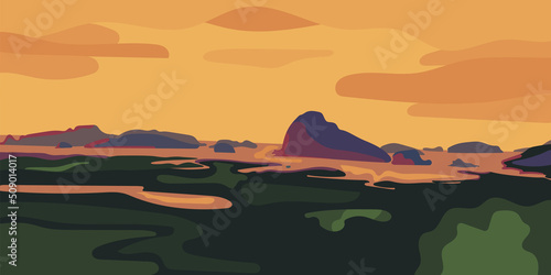 Colorful Asian sunset  panoramic view of the sights of Thailand  Phang Nga Bay. Vector illustration of small islands and a bay.