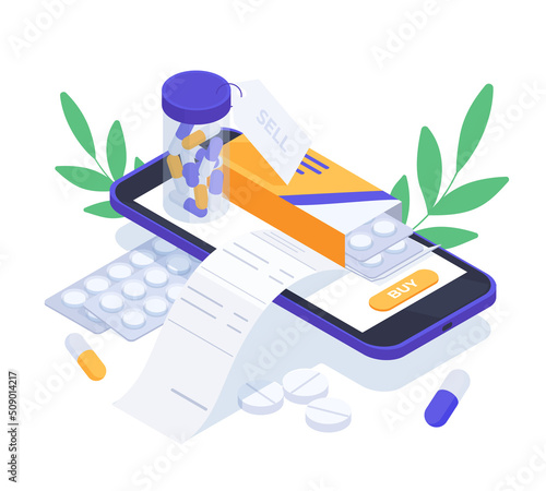 Isometric online pharmacy app, phone screen with pharmacy medicines and pills. Health care pharmacy mobile app vector background illustration. Online pharmacy concept