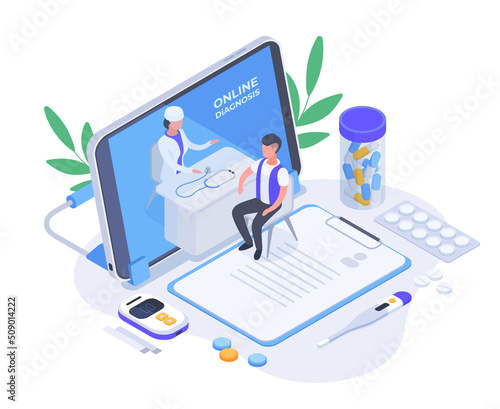 Isometric online healthcare diagnosis, medical advice mobile app. Medical workers virtual help and online diagnosis 3d vector concept illustration. Online medical examination