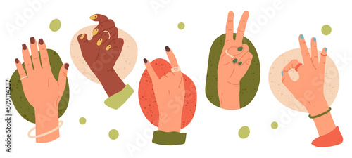 Female hands with manicured fingernails, nail care beauty routine. Cartoon woman beautiful hands with various gestures vector illustration set. Manicure salon concept