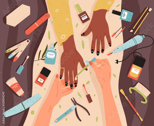 Manicure salon, fingernails care procedure, nail polish applying. Professional manicurist, nail master and customer make manicure vector background illustration. Cartoon manicure session