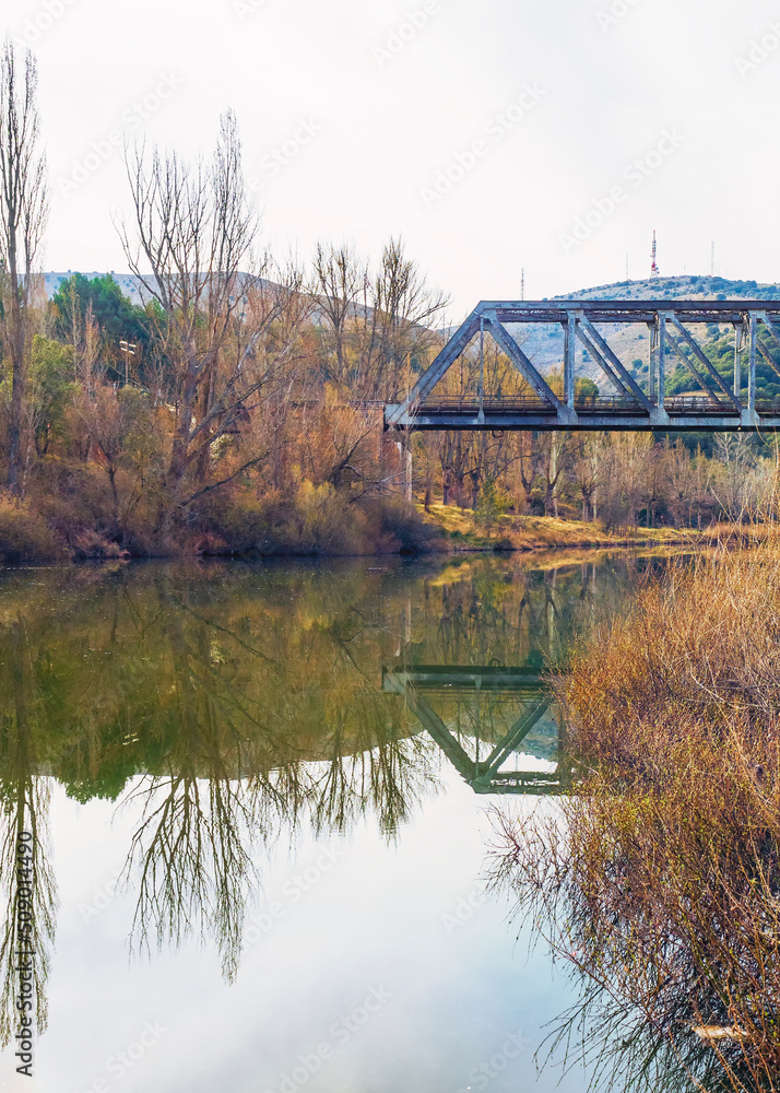 Puente de hierro sobre el rio Duero a su paso por Soria del antiguo ferrocarril.