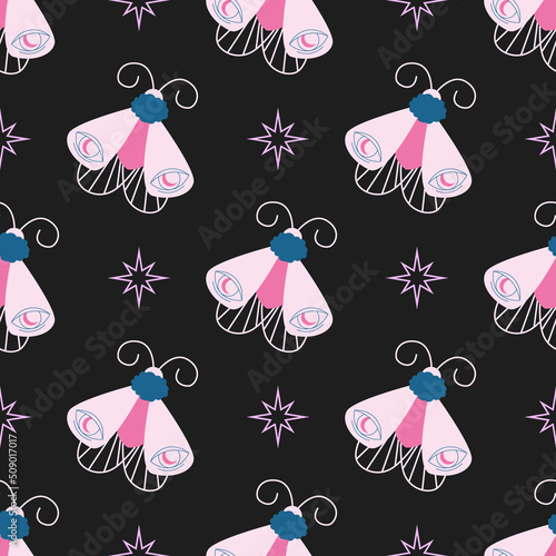 Witchcraft moth butterfly pattern. Dark botanical celestial mystic design with night butterfly. Esoteric occult magic symbol. Halloween animal mystical background. Hand drawn flat vector illustration