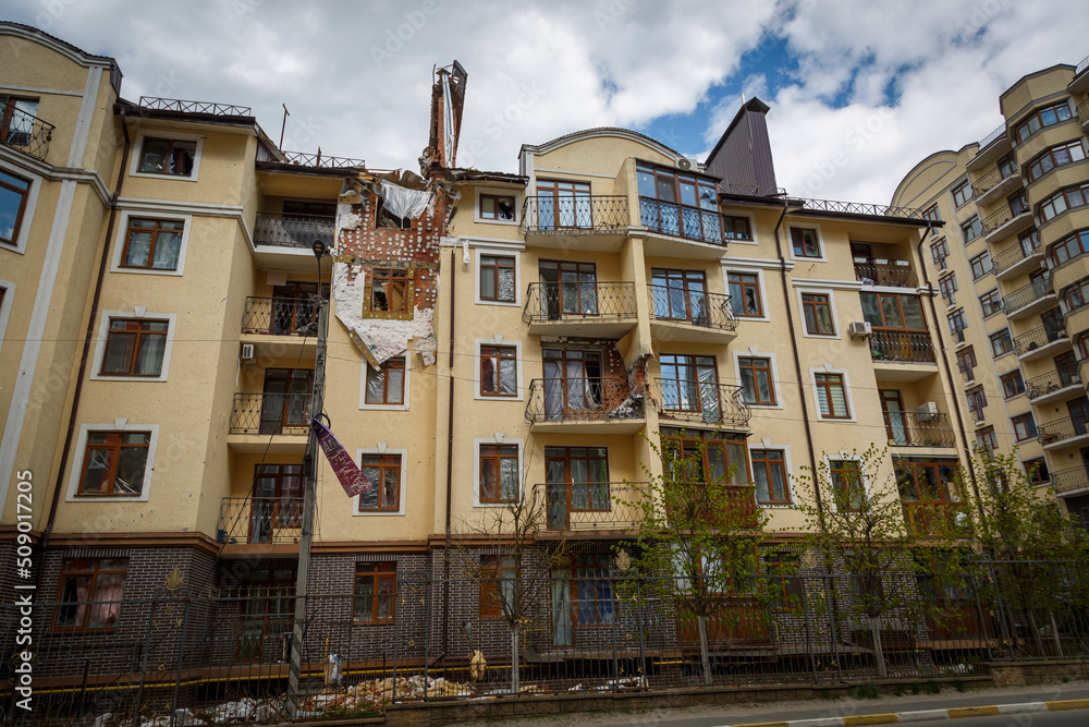 Fototapeta premium Destruction of Irpin. May, 2022. Irpin, Kyiv region, Ukraine. Russia Ukraine war. Damaged in Irpin after fighting