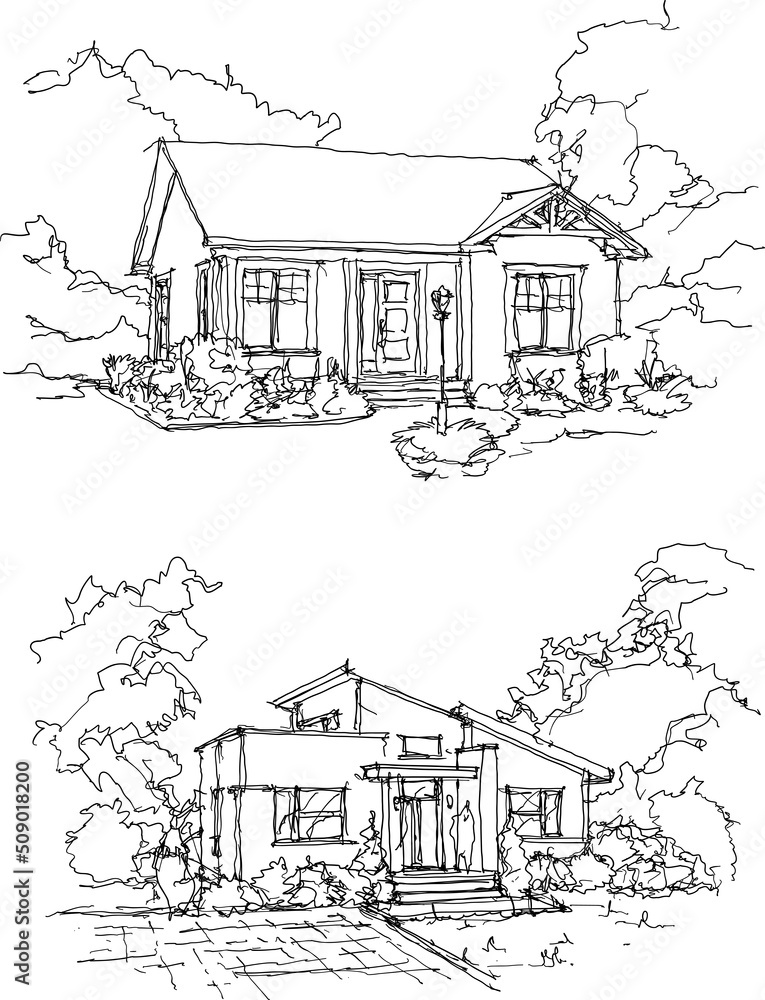 two hand drawn architectural sketches of beautiful classic detached village house with garden  and trees and roof