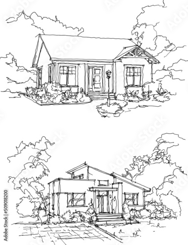 two hand drawn architectural sketches of beautiful classic detached village house with garden  and trees and roof