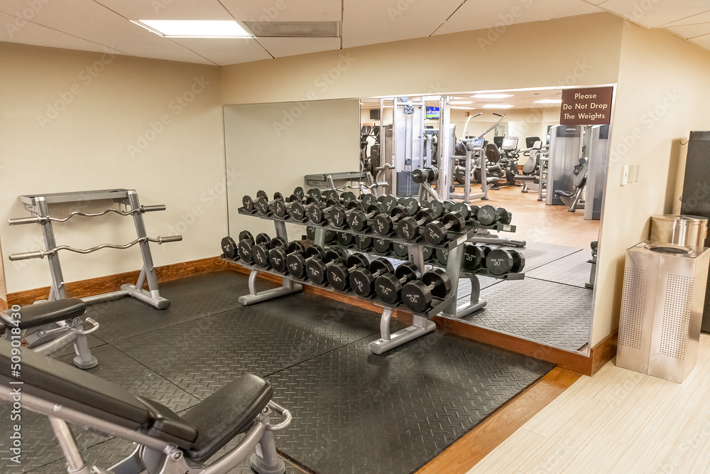 Exercise equipment in a fitness gym
