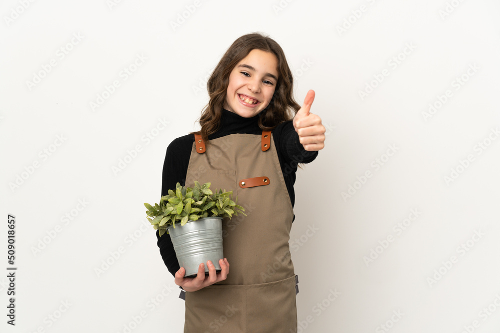 Little girl holding a plant isolated on white background with thumbs up because something good has happened Little girl holding a plant isolated on white background with thumbs up because something good has happened