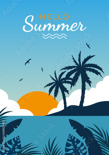 Beach landscape with sun and palms. Sunny background with beach and sea. Hello, Summer. Vector illustration © OksanaValion