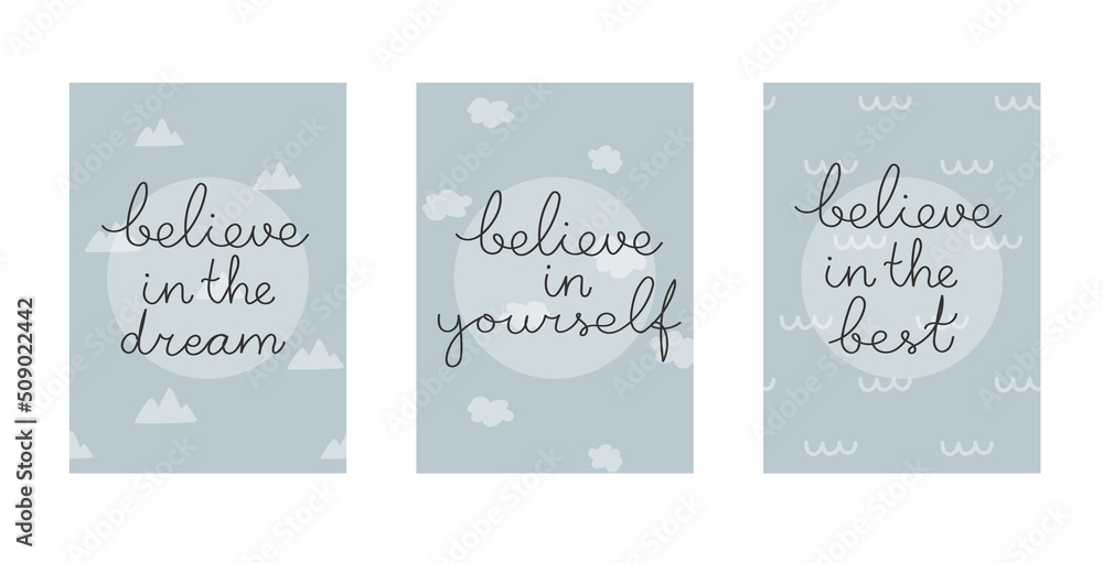 A set of cute positives with simple patterns and hand lettering. Life-affirming lettering. Vector illustration. Elegant greeting card with handwritten typography, pastel color postcard