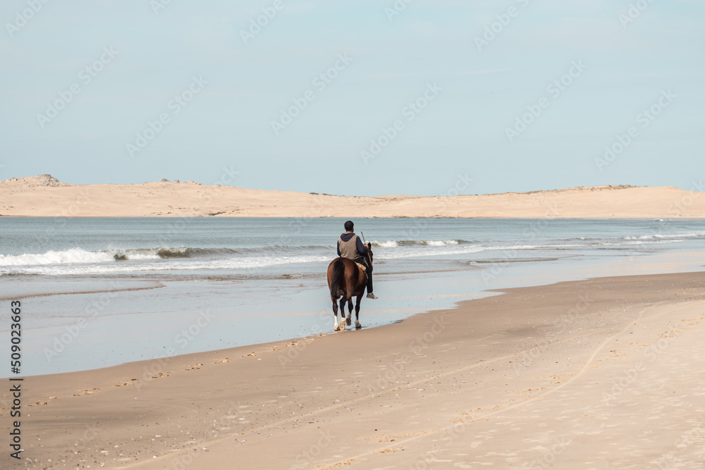 Person on horseback on the beach of Barra de Valizas with the dunes in the background Person on horseback on the beach of Barra de Valizas with the dunes in the background