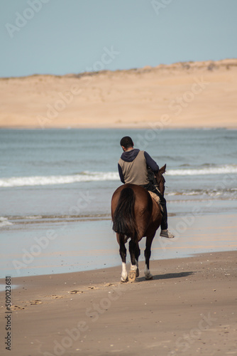 Person on horseback on the beach of Barra de Valizas with the dunes in the background © Regue