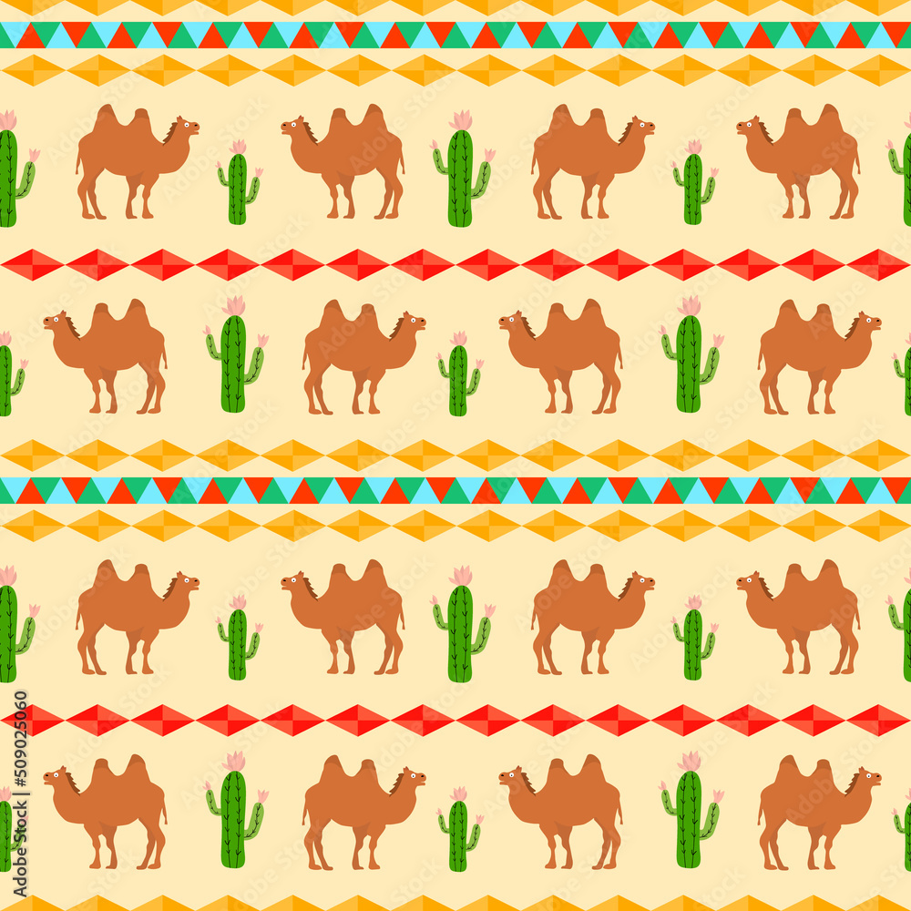 Fototapeta premium Pattern with camels and decorative ornament. Vector drawing. For packaging, prints and fabric, baby products, scrapbooking, stationery.