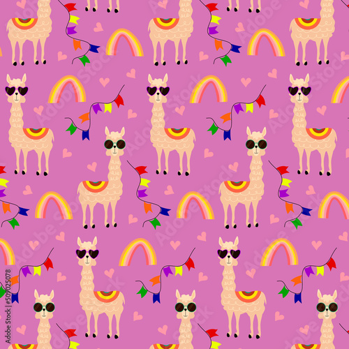 Pattern with llamas, rainbow and flags. Festive vector pattern on a colored background. For packaging, prints and fabric, baby products, scrapbooking, stationery.