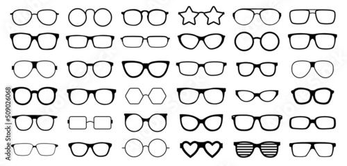 Many types of glasses. Fashion collection set glasses isolated. Vector illustration. Glasses icons frames silhouettes.