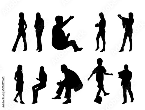 Vector silhouettes, Outline silhouettes of people, Contour drawing, people silhouette, Icon Set Isolated, Silhouette of sitting people, Architectural set	