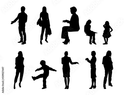 Vector silhouettes, Outline silhouettes of people, Contour drawing, people silhouette, Icon Set Isolated, Silhouette of sitting people, Architectural set	