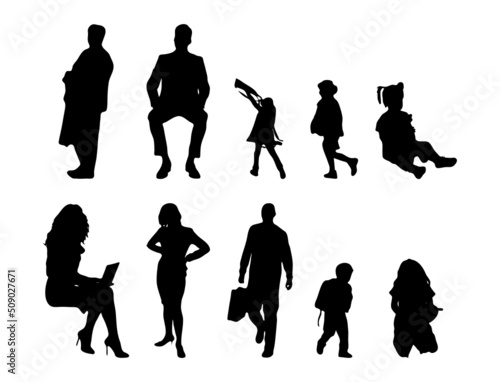 Vector silhouettes, Outline silhouettes of people, Contour drawing, people silhouette, Icon Set Isolated, Silhouette of sitting people, Architectural set	