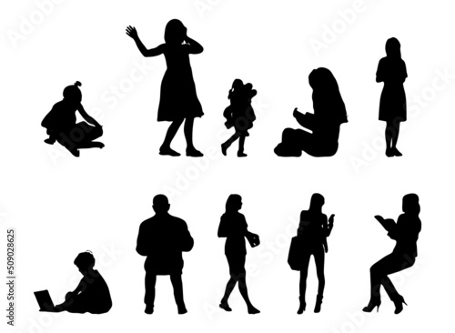 Vector silhouettes, Outline silhouettes of people, Contour drawing, people silhouette, Icon Set Isolated, Silhouette of sitting people, Architectural set	
